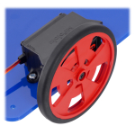 Servo with bracket on a robot chassis with wheel.