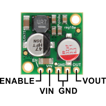 Pololu 2.5A Step-Down Voltage Regulator D24V25Fx, top view with labeled pinout.