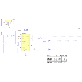 Schematic diagram for the Pololu D24V10Fx family of 1 A step-down voltage regulators.