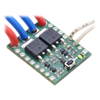 Big Pushbutton Power Switch with Reverse Voltage Protection, assembled with wires soldered directly to the board