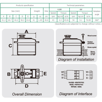 SpringRC SM-S4303R continuous rotation servo dimensions and technical specifications (subject to change without notice).