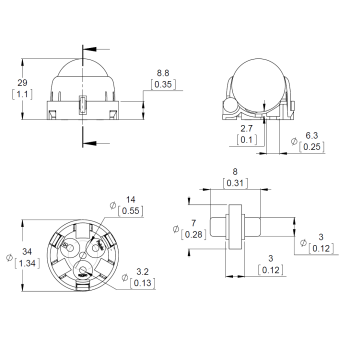 Dimensions of the Pololu Ball Caster with 1″ Plastic Ball and Plastic Rollers. Units are mm over [inches].