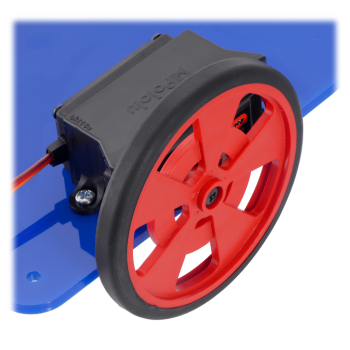 Servo with bracket on a robot chassis with wheel.