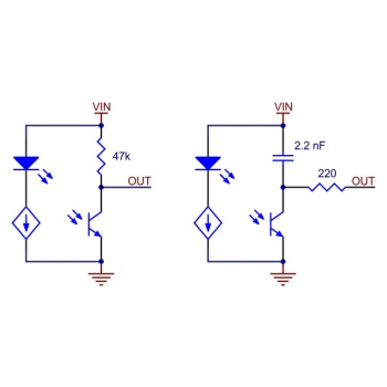 Schematic diagrams of individual QTR sensor channels for A version (left) and RC version (right). This applies only to the newer QTRs with dimmable emitters.